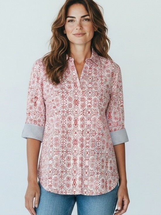 NYC Tops - Foxcroft NYC Pink Geometric Print Button Down Shirt | Small
